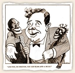 In a cartoon from a broadsheet sponsored by 'thousands of Louisiana white patriots', Huey Long is criticized for advancing programs that benefited African Americans.  The text of the broadsheet focuses on the dangers of abolishing the poll tax and refers to black voters as the 'mongrel vote'.